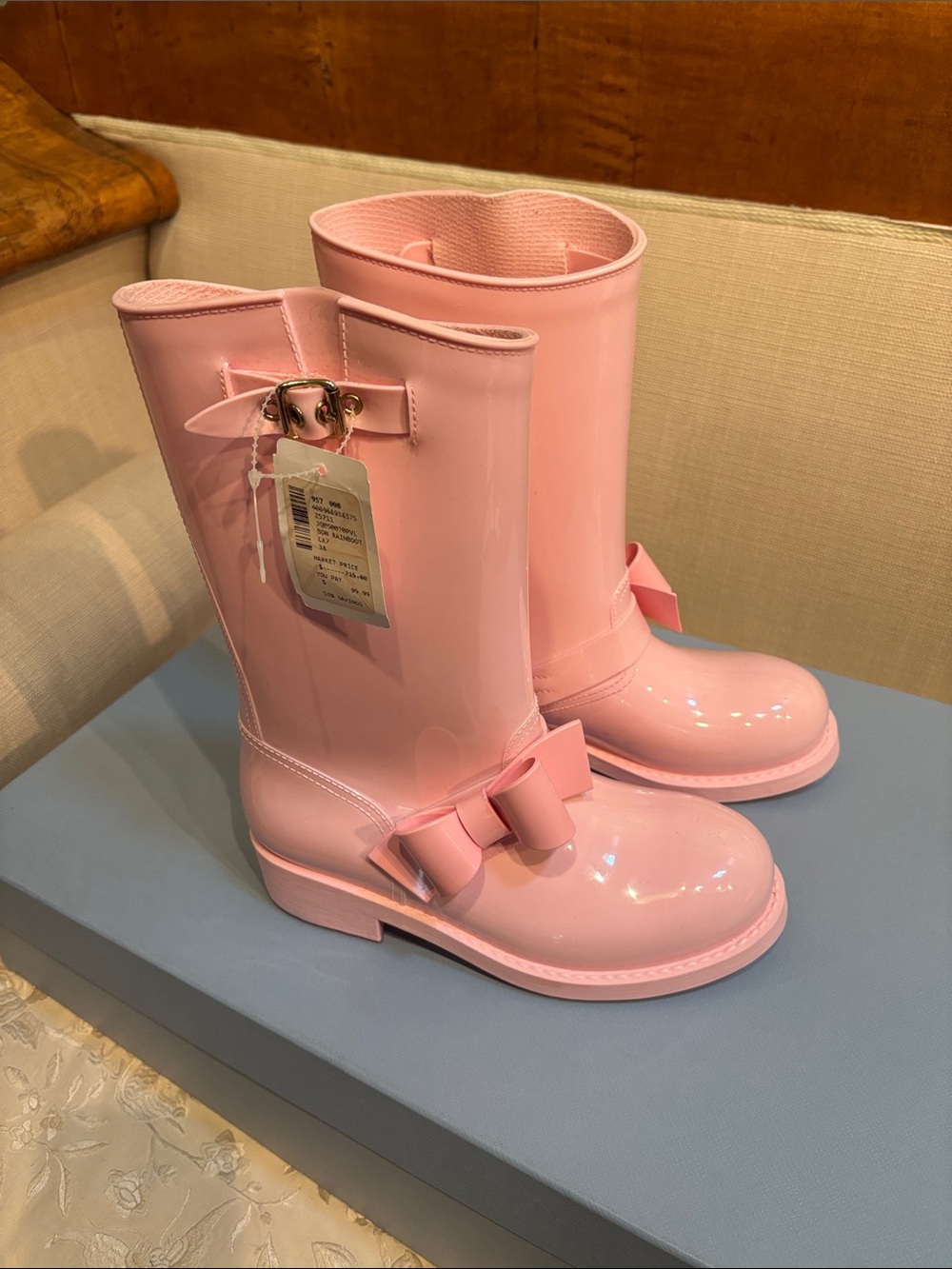 RED Valentines Women’s Pink Glossy Bow Rain Boots